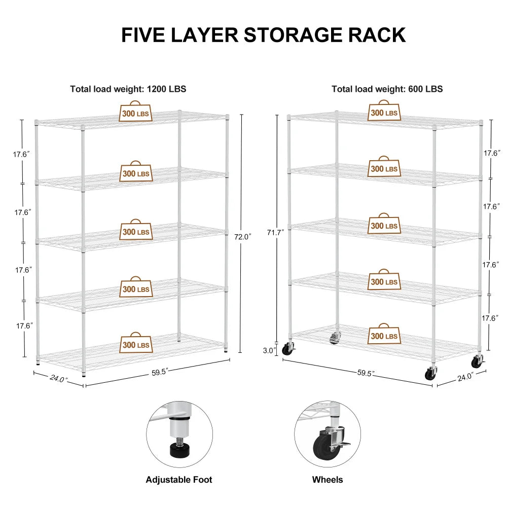 Warehouse supermarket kitchen other 5-layer heavy-duty adjustable shelves with wheels  adjustable feet  frame bearing 300 pounds