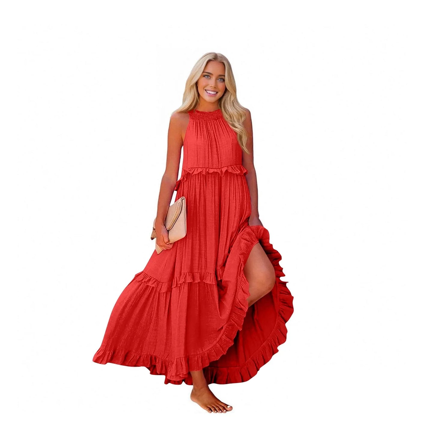 Women's Ruffled hem layered long dresses Summer Sleeveless backless dress Fashion Long Dress Big Swing Beach Dress vestidos