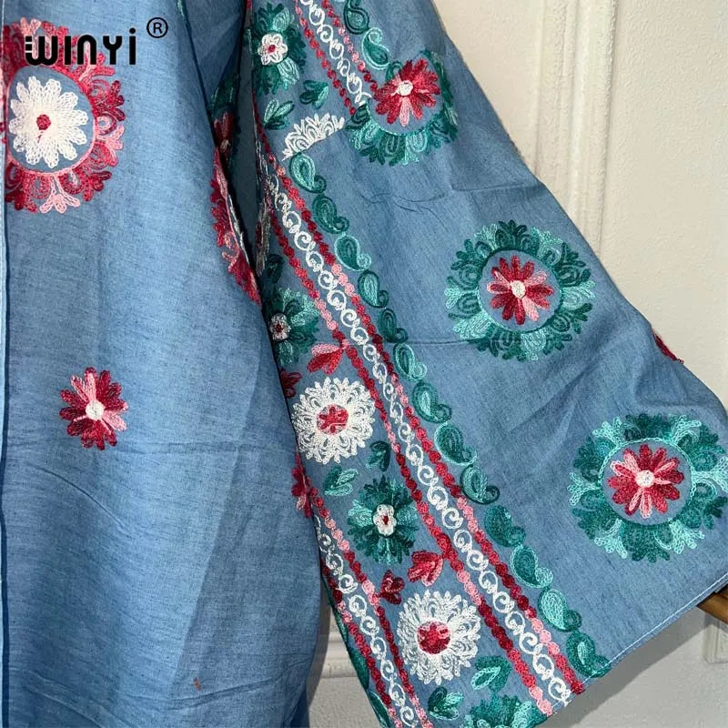 WINYI Embroidered soft denim cardigan Women coat Loose Long Dress elegant Party Boho maxi beach Holiday Swimming Cover Up Kimono