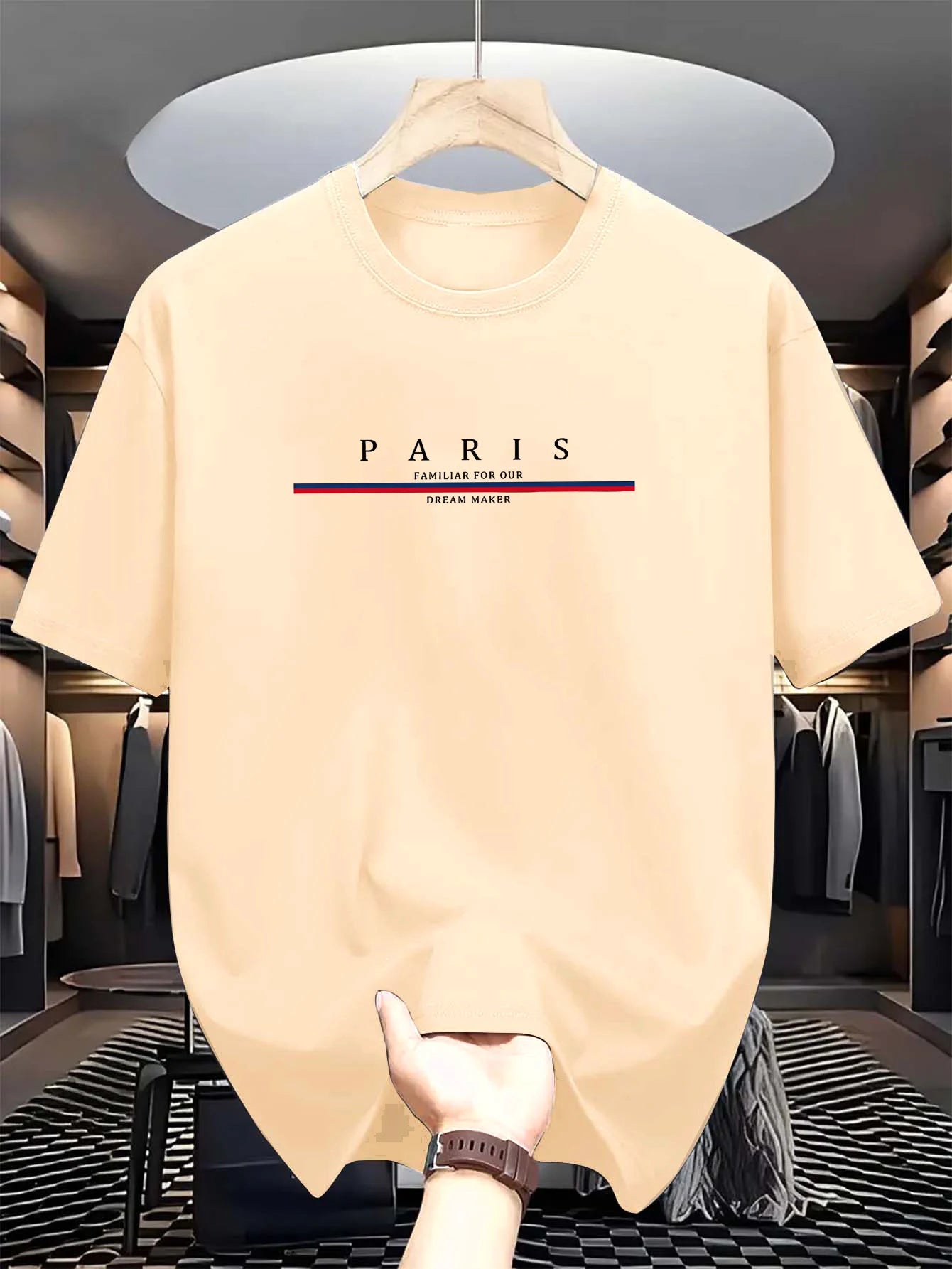 Men's 100% pure cotton summer casual loose fashion Paris letter printed comfortable round neck short sleeved T-shirt top