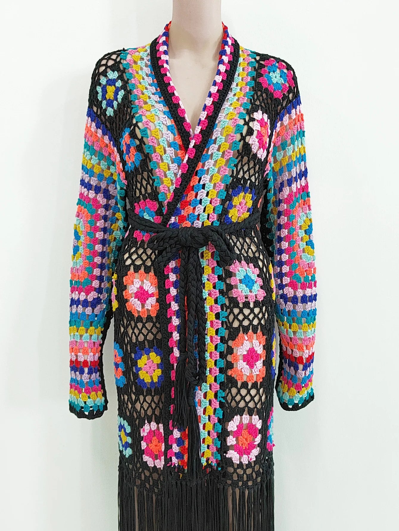 Crochet Knitted Women Cardigan Cover Ups Tassel Plaid Long Coat Bohemian 2023 Summer Beach Bikini Covers Sexy Hook Vestidos