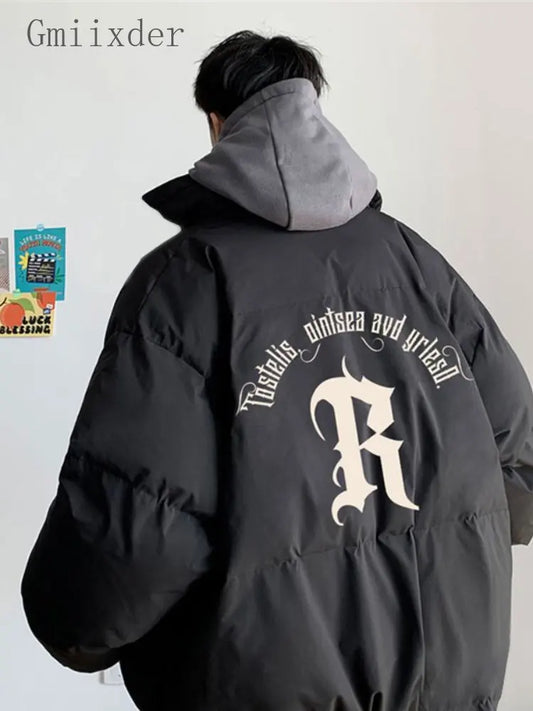 Gmiixder Men's Winter Punk Letter Parkas Hip Hop Oversize Thickened Down Jacket Oversize Padded Jacket Cool Bread Zipper Up Coat