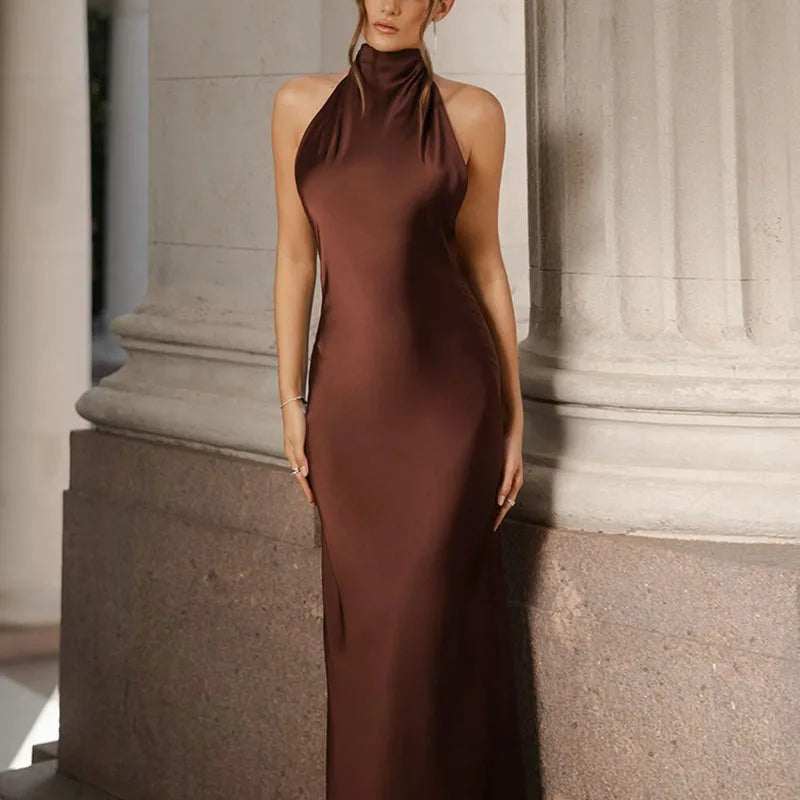 Robes Woman Elegant Solid Satin Party Dresses Spring Halter RIbbons Backless Maxi Dress Summer Hollow Sleeveless Slim Long Dress