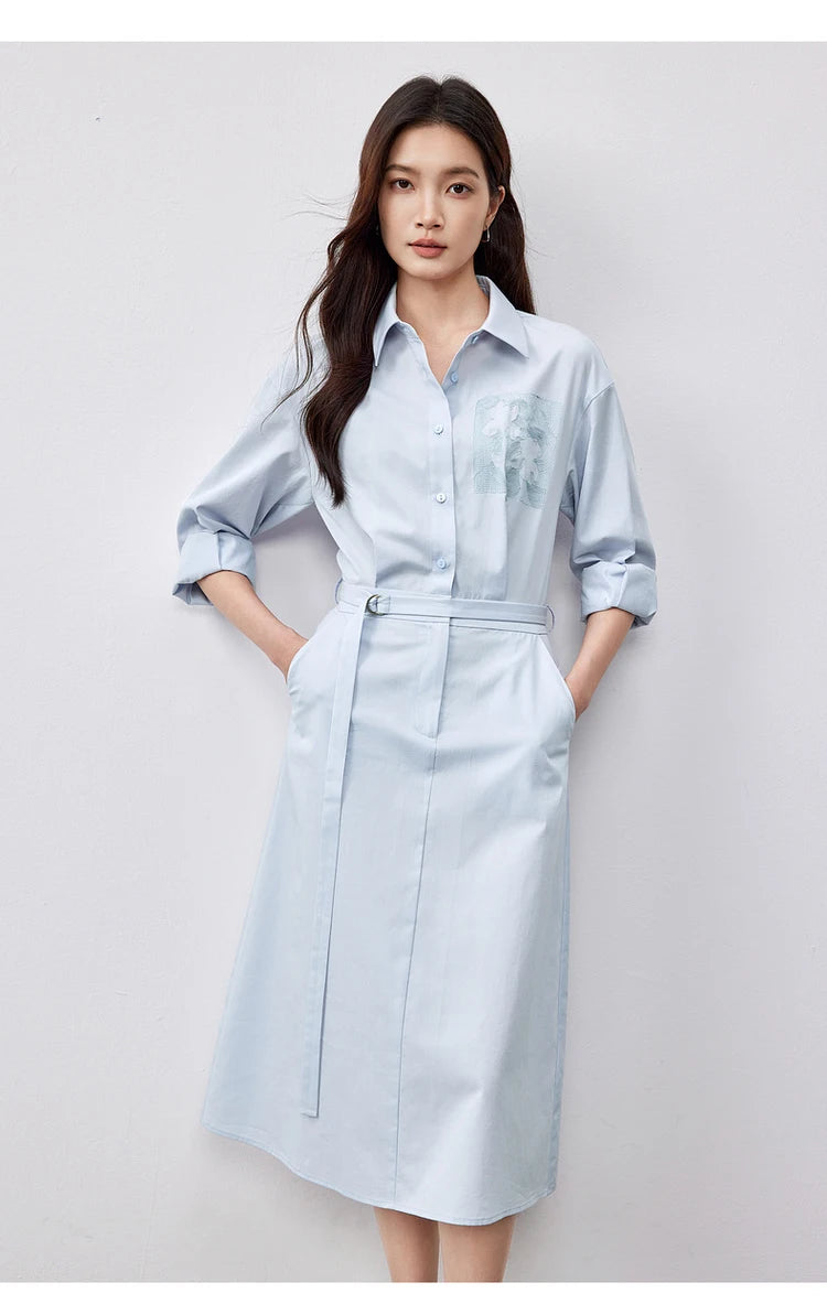 SENTUBILA Lyocell Shirt Dresses Womens 2025 Spring Cotton Embroidery A-line Turn Down Collar Solid Wrap Long Dress 151L58233