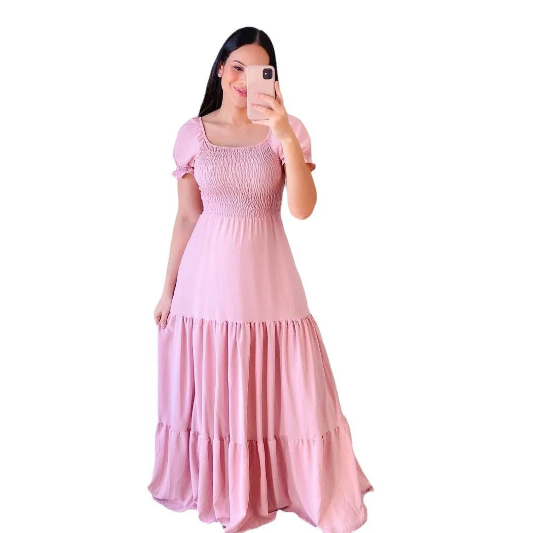 2025 Spring Summer New Women Closing Solid Color Square Collar Short Sleeve Long Dress Vestidos Largos vestidos verano moda 2024