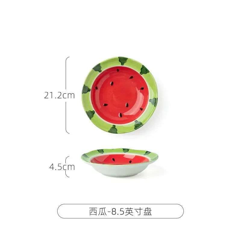 Watermelon Bowl Ceramic Bowl Plate Set Home Ramen Bowl Cute Hand-painted Tableware Children's Rice Bowls Kitchen Accessories
