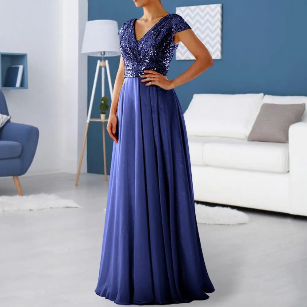 Elegant Sequins Chiffon Dress For women V Neck Pleated Hem Female Sequins Chiffon Prom Cocktail Long Dress Wedding Evening Dress