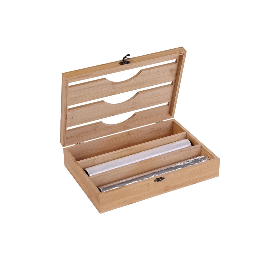 New 3 In 1 Bamboo Wrap Dispenser Storage For Aluminum Foil With Cutter Cling Film Holder Kitchen Accessories Organizer