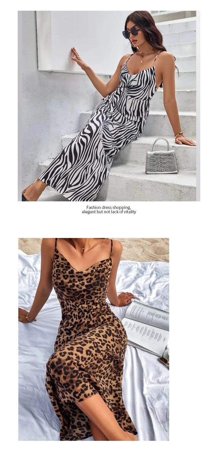 Women Sundress Summer Women Leopard Print Sexy Halter Beach Long Dress Backless Elegant Dresses Casual Resort Style Clothes