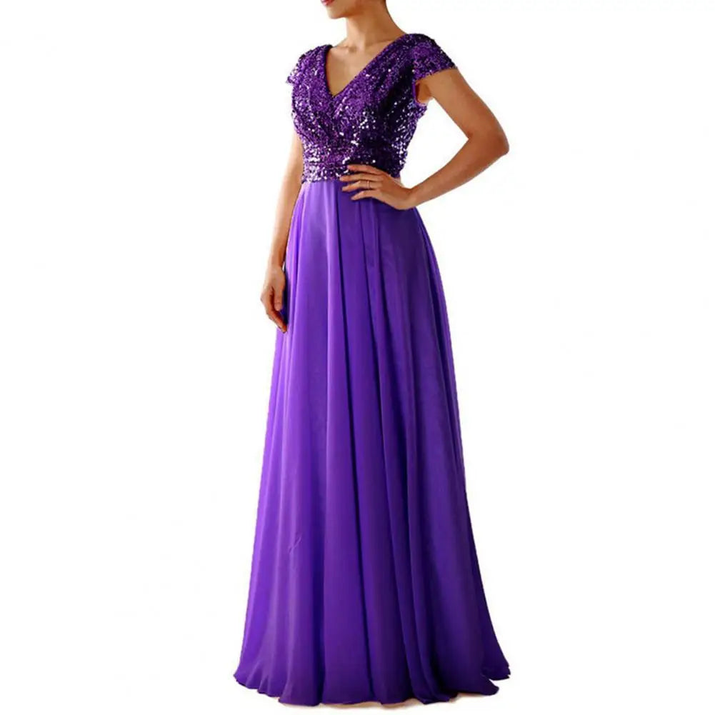 Elegant Sequins Chiffon Dress For women V Neck Pleated Hem Female Sequins Chiffon Prom Cocktail Long Dress Wedding Evening Dress