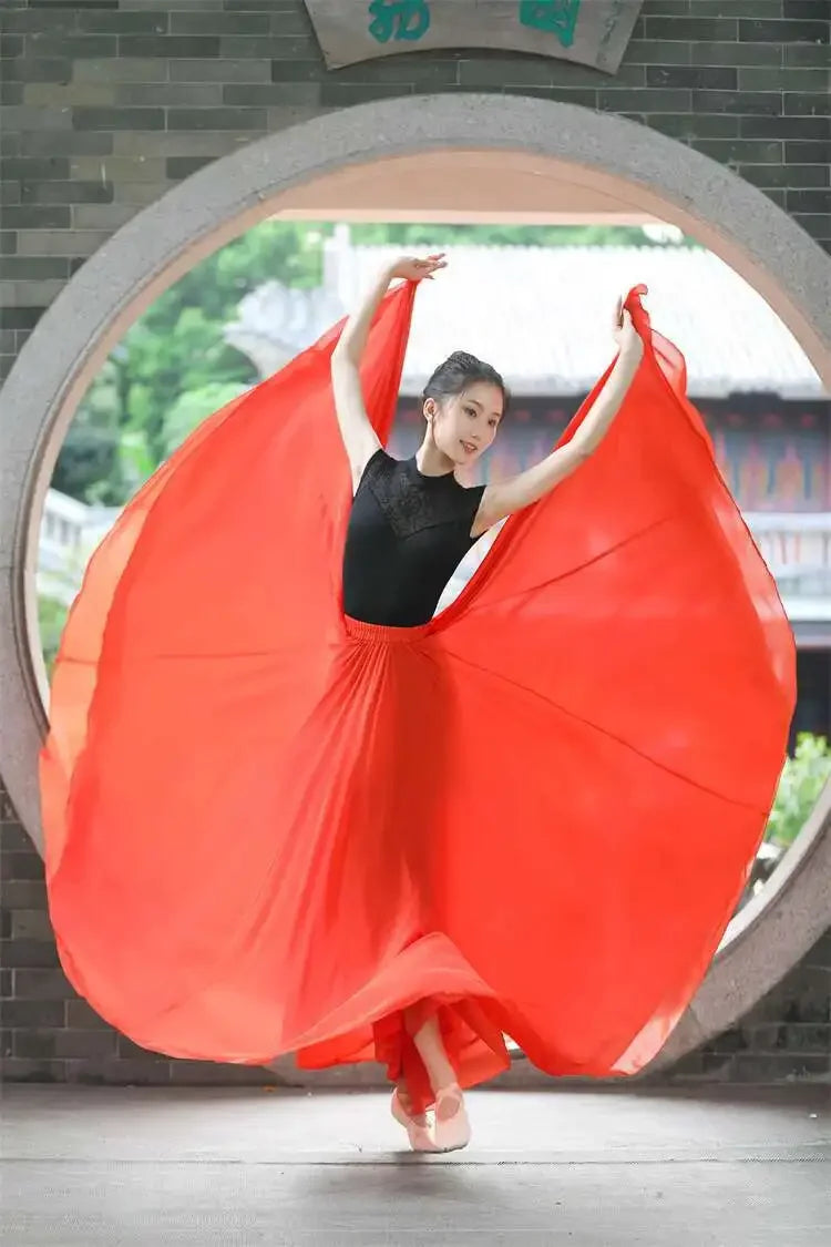 720 Degree Wide Dancing Skirt Chiffon Double Layer Semi-Long Dress Women's Solid Color Xinjiang Dance Skirt
