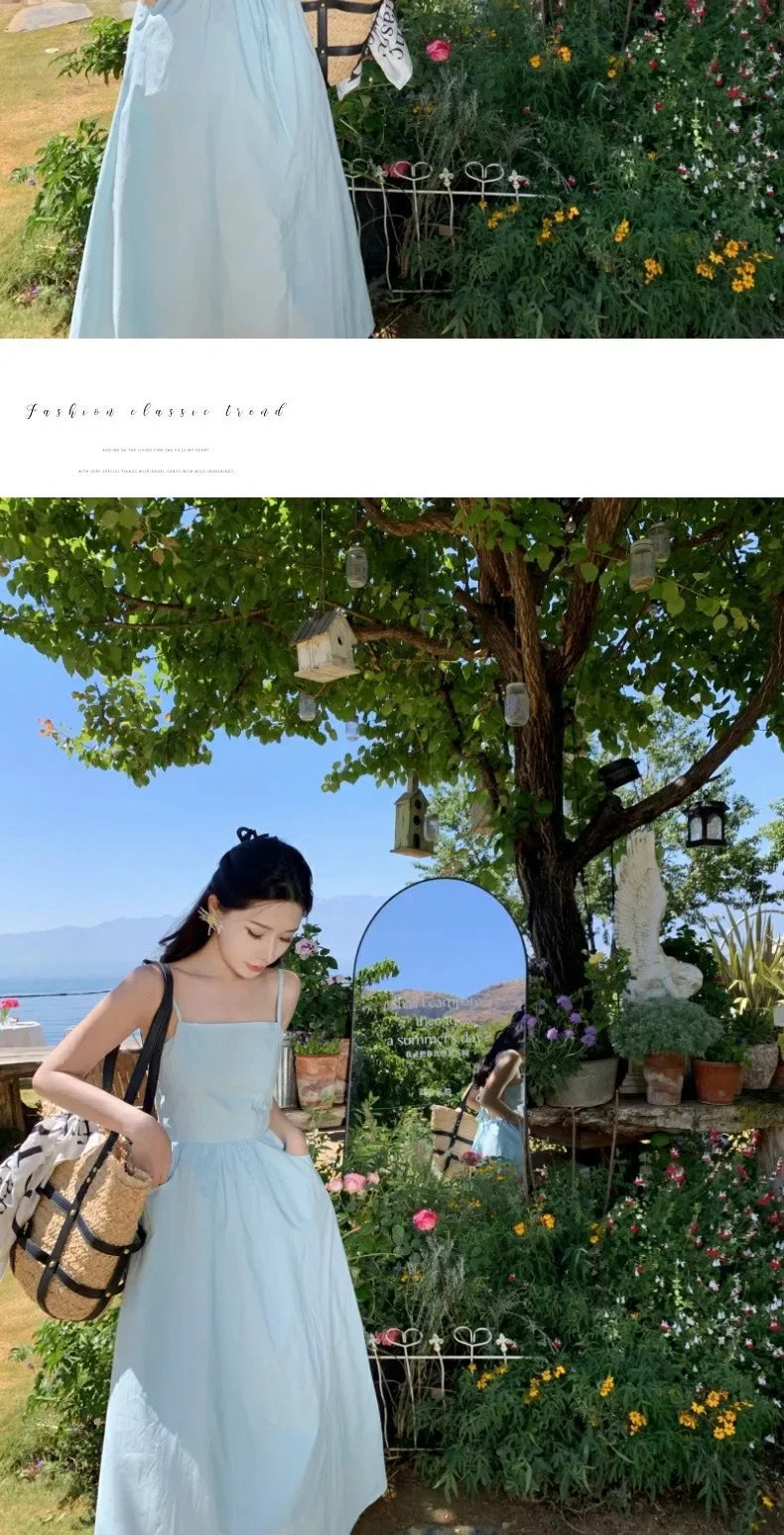 French Style Sexy Open-Back Blue Tank Dress Women's Summer Vacation Beach A- Line Long Dress Beach Vacation Dress