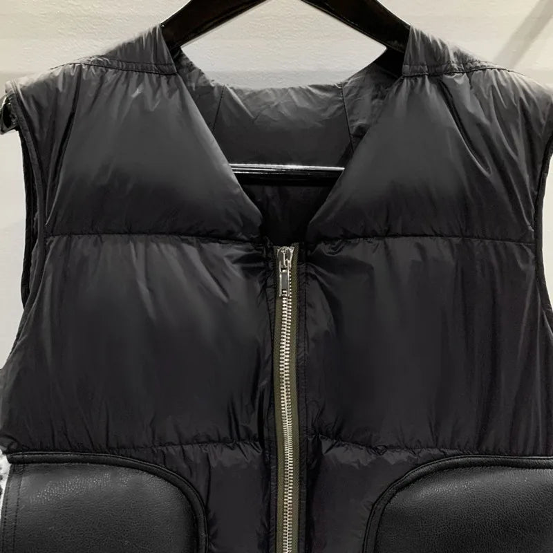 HKSH Autumn Winter Men's Tide Dark V-neck Cotton Jacket Women Splice Fur Patchwork Sleeveless Vest Zipper Chic Down Coats HK2466