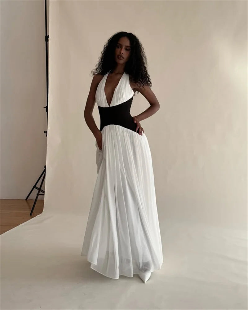 Mozision Halter Deep V Neck Backless Sexy Maxi Dress Women Gown Fashion Patchwork Sleeveless High Waist Club Party Long Dress