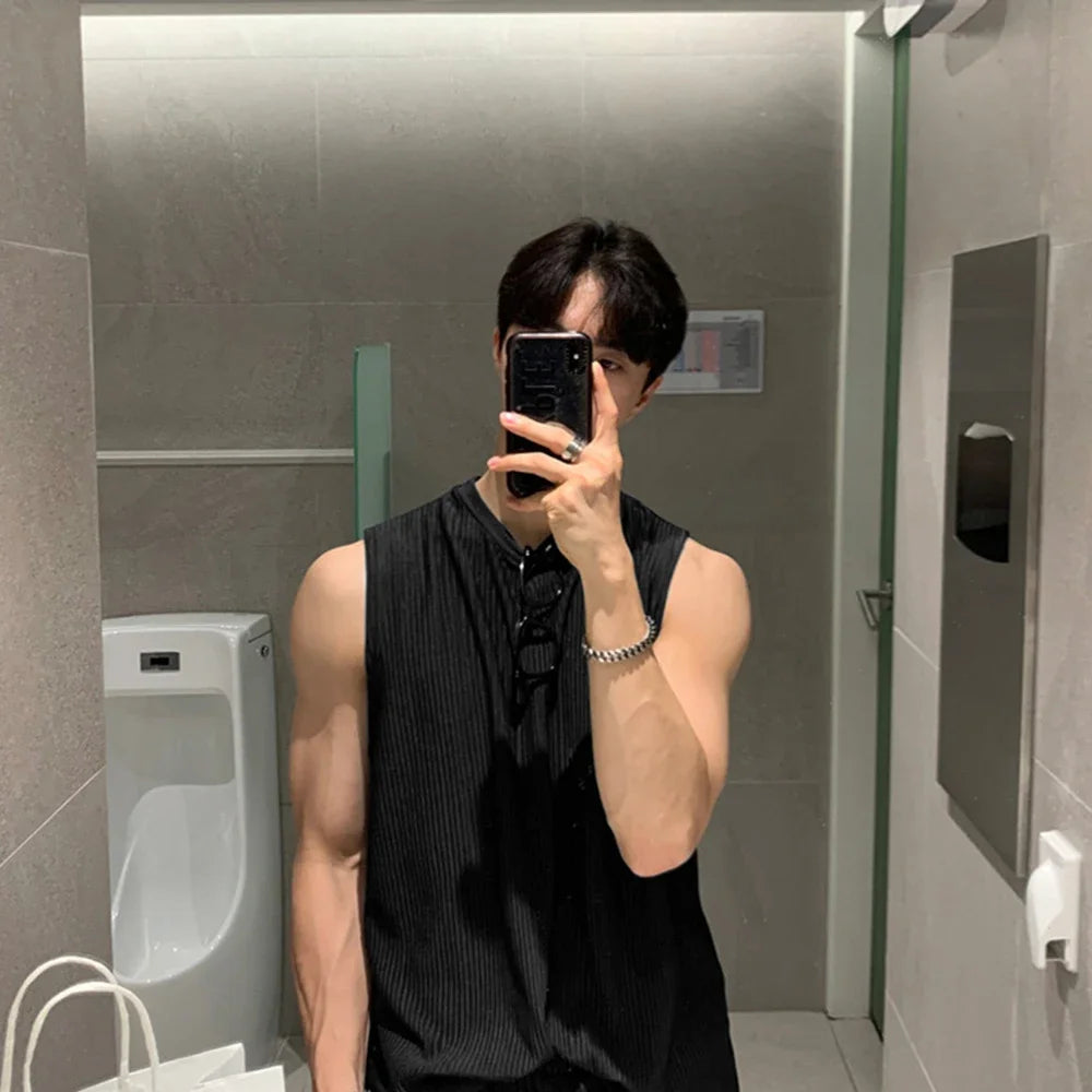 New Summer Clothing Mens Casual Tank Tops Set Luxury Korean Streetwear O Neck Solid Drape Vest and Trousers 2 Piece Suit