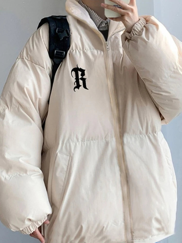 Gmiixder Men's Winter Punk Letter Parkas Hip Hop Oversize Thickened Down Jacket Oversize Padded Jacket Cool Bread Zipper Up Coat