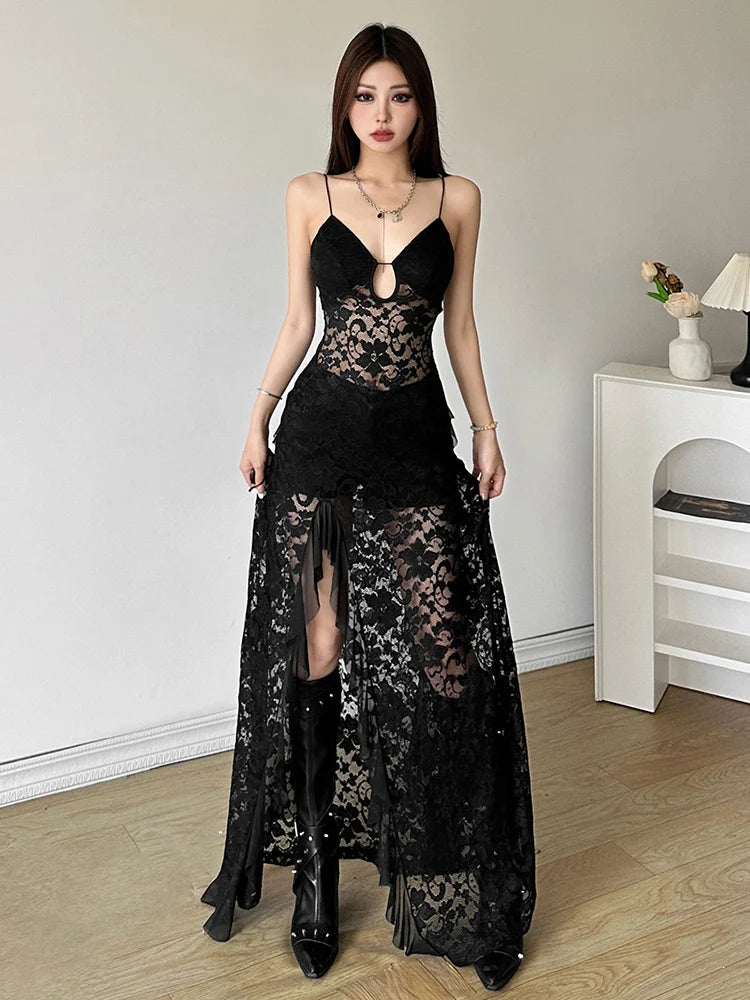 Nibber Sexy See Through Lace Sleeveless Long Dress Women Patchwork Summer Backless V-neck Side Slit Party Evening Maxi Vestidos