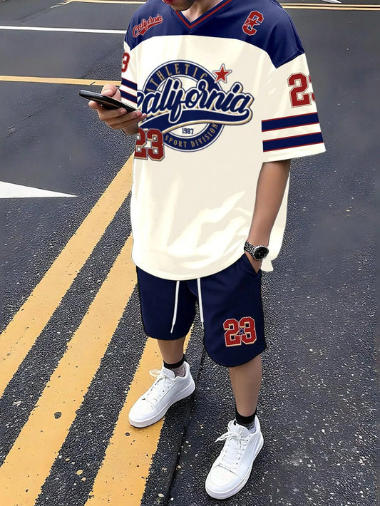 Men's Casual Colorblock Letter Print Short Sleeve T-Shirt&Shorts Set Loose Quick Drying Shirt Sportswear Set Men's Top&Shorts