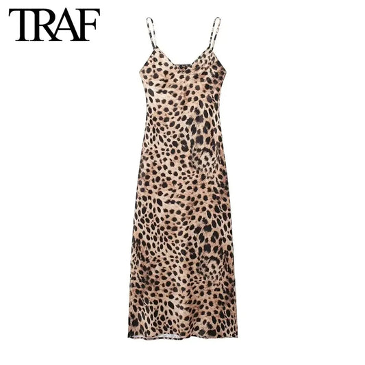 TRAF Women Fashion Summer New Underwear Backless Satin Texture Leopard Print Long Dress Chic Female French Elegance Evening