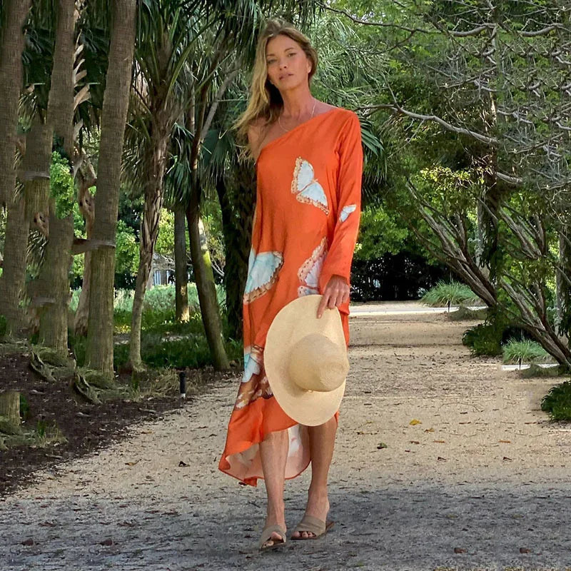 Color Butterfly Print One Shoulder Sleeve Dresses Women Sexy Off Shoulder Loose Beach Vacation Irregular Long Dress Streetwear
