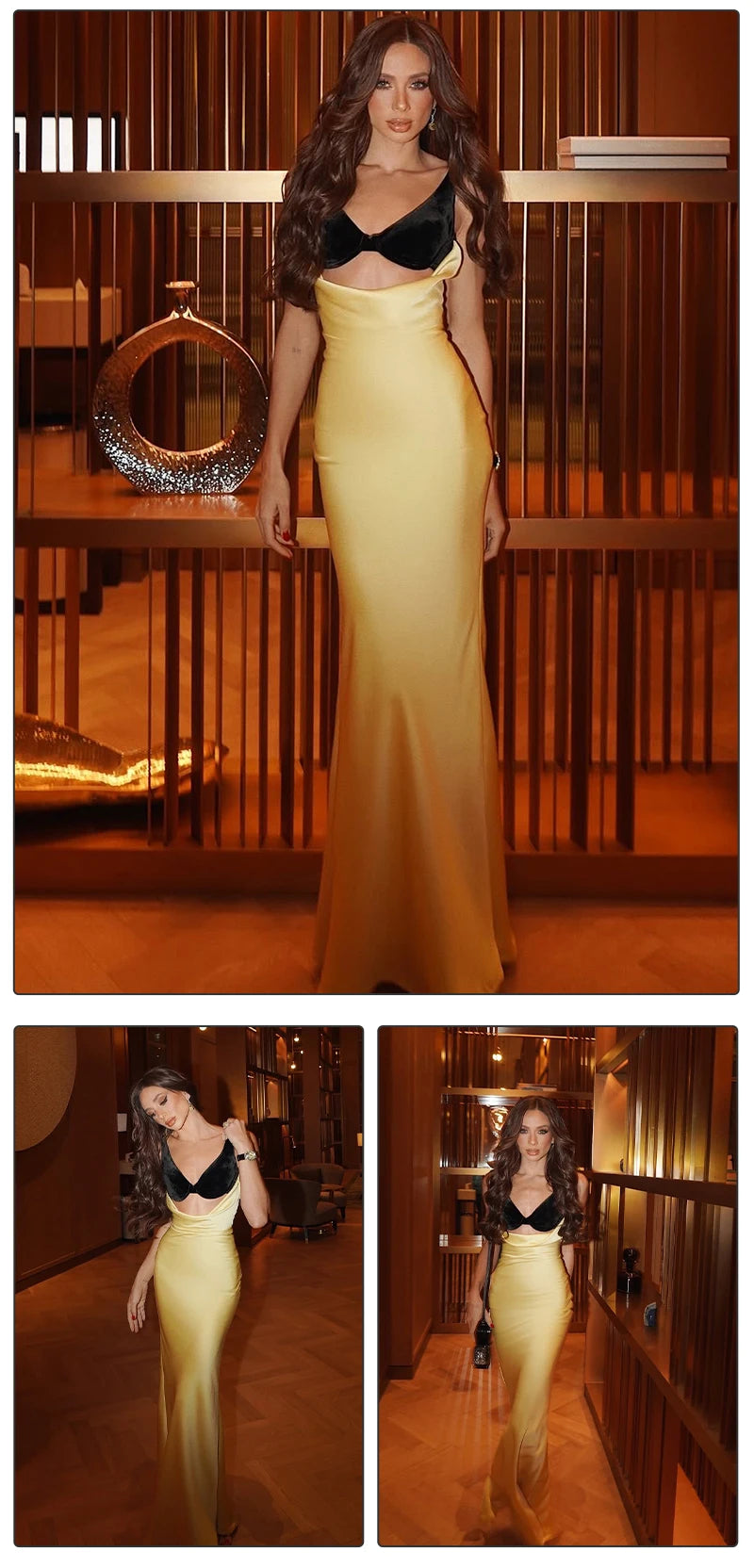 VC Women Cut-out Long Dress Temperament Contrast Color Combo V Neck Suspender Backless Slit Slim Mermaid Party Evening Gowns