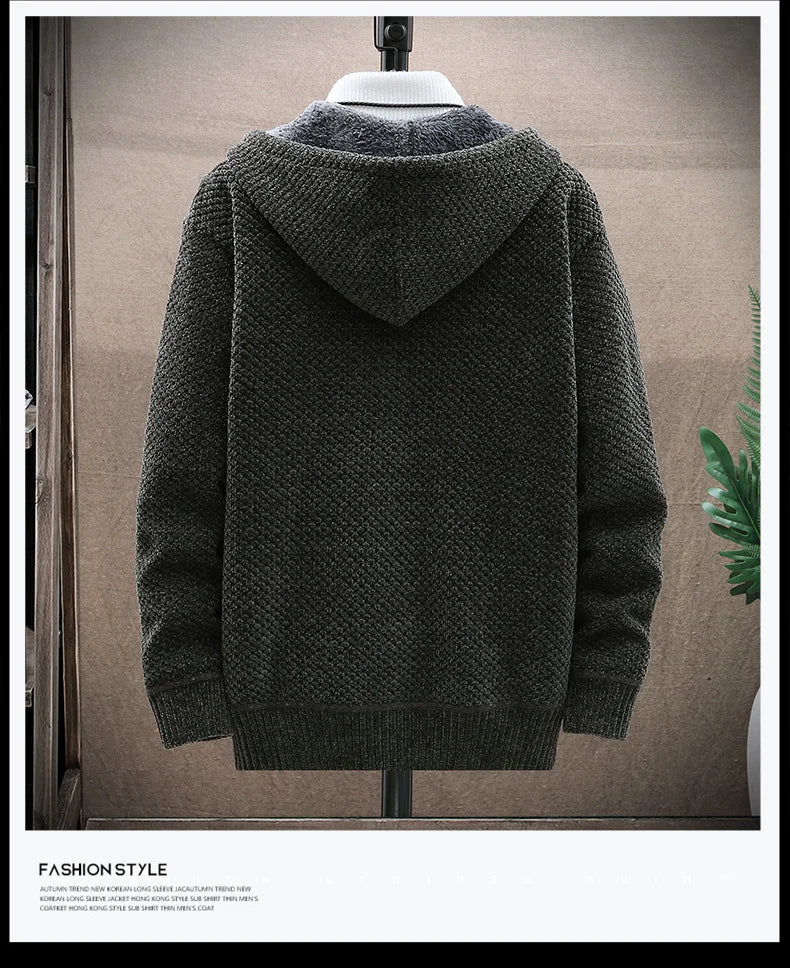 Men Cardigan Winter Hooded Solid Sweater Autumn Winter Fleece Warm Casual Sweatercoat Male Zipper Knitted Cardigans Men Clothing