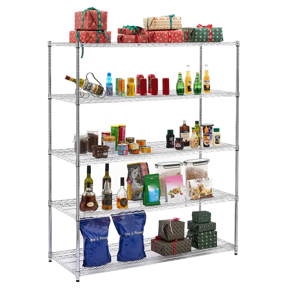 Warehouse supermarket kitchen other 5-layer heavy-duty adjustable shelves with wheels  adjustable feet  frame bearing 300 pounds