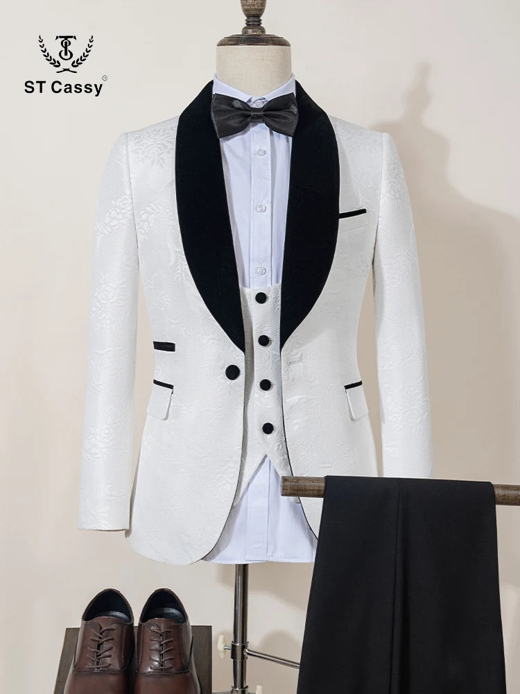 ST Cassy High Quality luxury Retro carving Party Dress Slim Fit Tuxedo Prom Suit Fashion white Male Groom Wedding three-piece