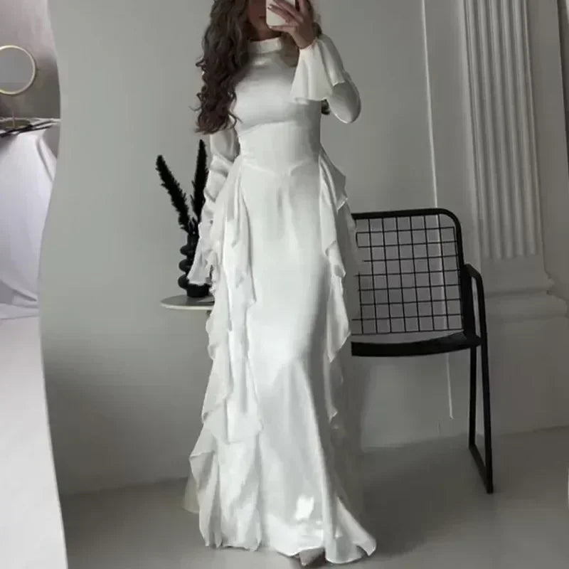 Women High Collar Flare Sleeve Ruffles Long Dress Sexy White Long Sleeves Lace-up Slim Dresses Elegant Evening Party Runway Club