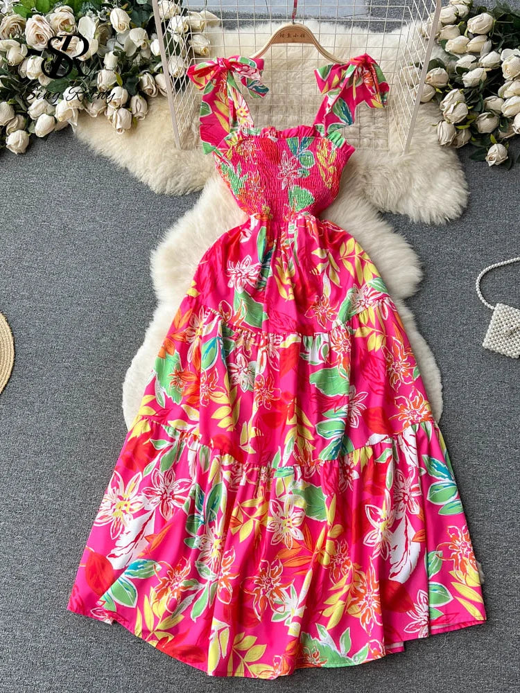 SINGREINY Summer Vacation Spaghetti Strap Long Dress Women Sleeveless Ruched Elastic Backless Dress Floral Print Beach Sundress