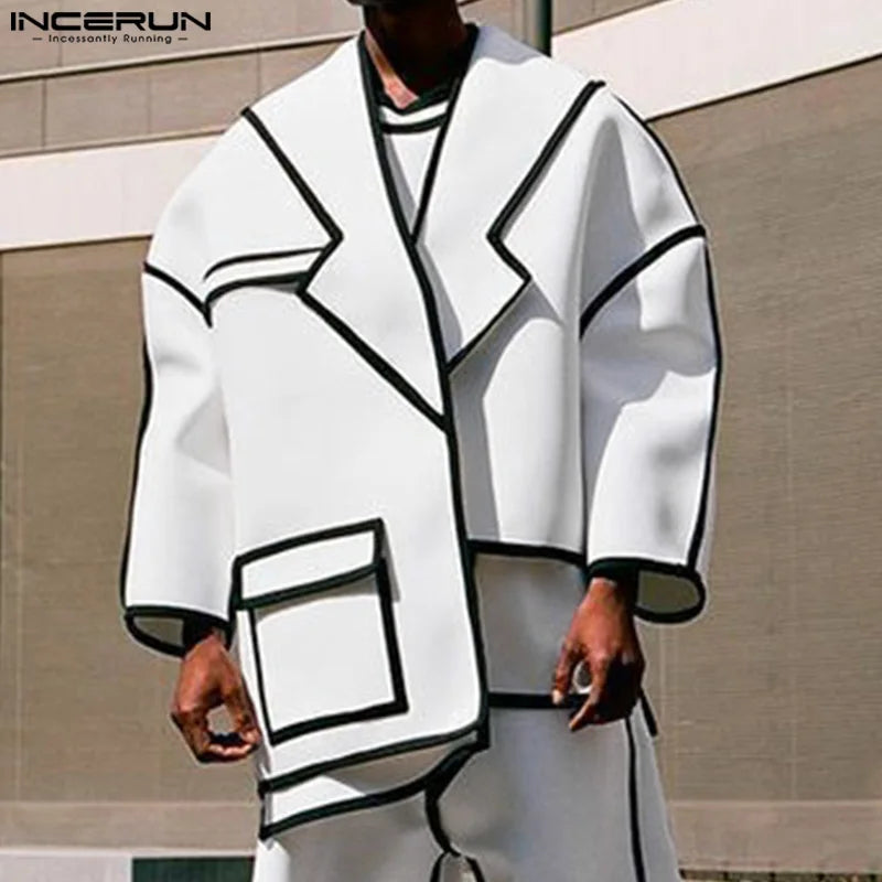 INCERUN Tops 2025 Fashion New Men Patchwork Lines Personality Suit Coat Casual City Walk Male Hot Sale Loose Long Sleeved Blazer
