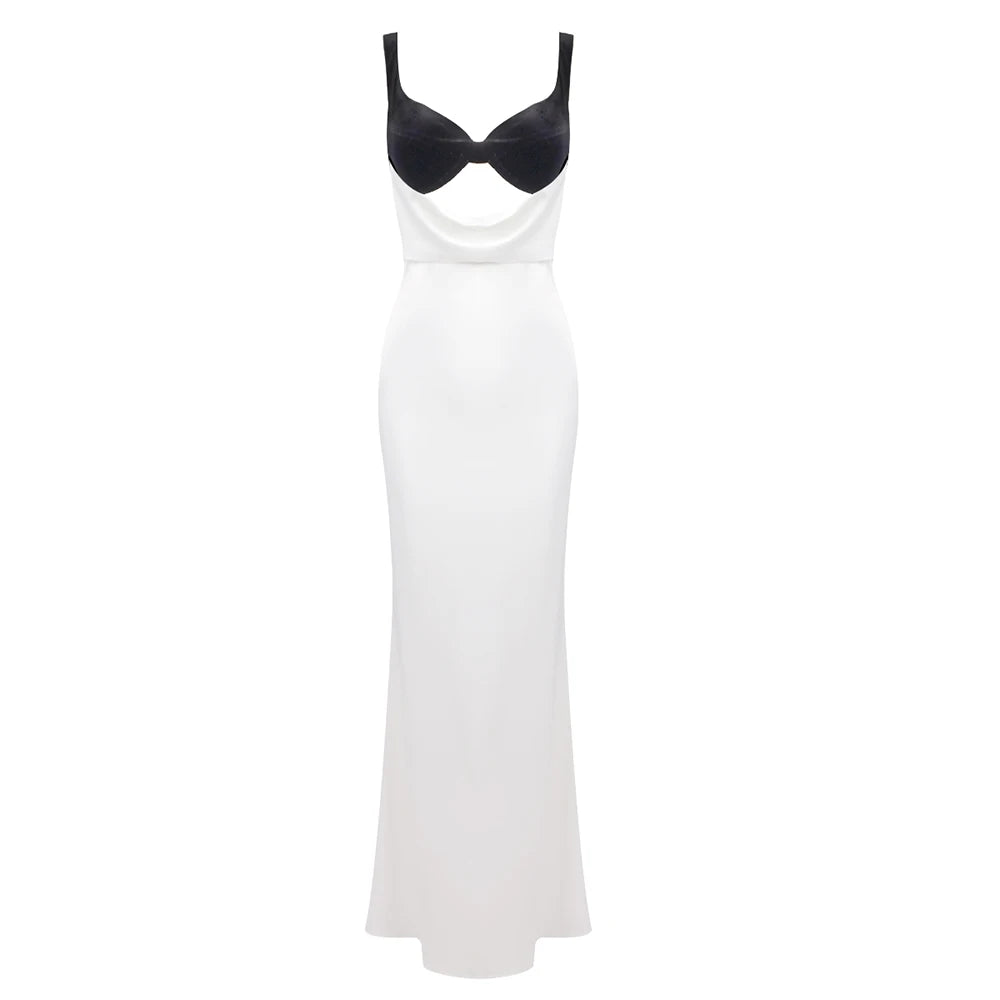VC Women Cut-out Long Dress Temperament Contrast Color Combo V Neck Suspender Backless Slit Slim Mermaid Party Evening Gowns