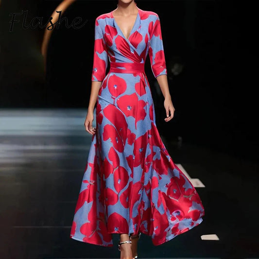 Elegant Women Long Dress Women V Neck 3/4 Sleeve A-Line Party Dresses For Women Fashion Flower Printed Vestidos Robe