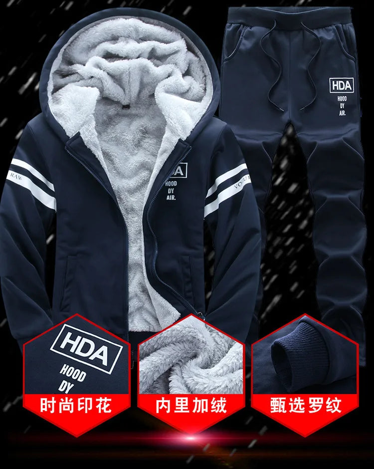 2025 Men's Thicken Warm Tracksuit Set Cardigan Fleece Hood Jacket+Pants Sweatshirts Male 2 Piece Sets Hoodies Suit Coat Big Size