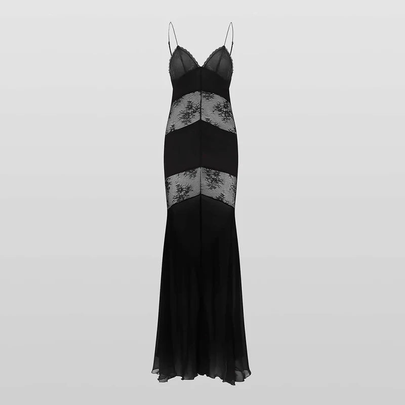 New Sexy Lace V-neck Sling Long Dress Women Retro Black Perspective Sleeveless Patchwork Maxi Dresses Female Chic Street Party
