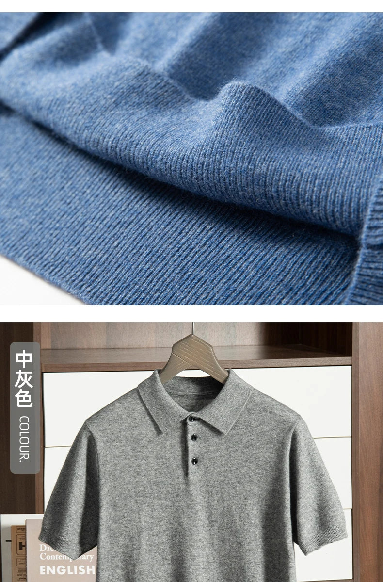 High End Men's 100% Cashmere T-shirt POLO Collar Pullover Shirt Casual Business Knitted Short Sleeved Summer Half Sleeved Top