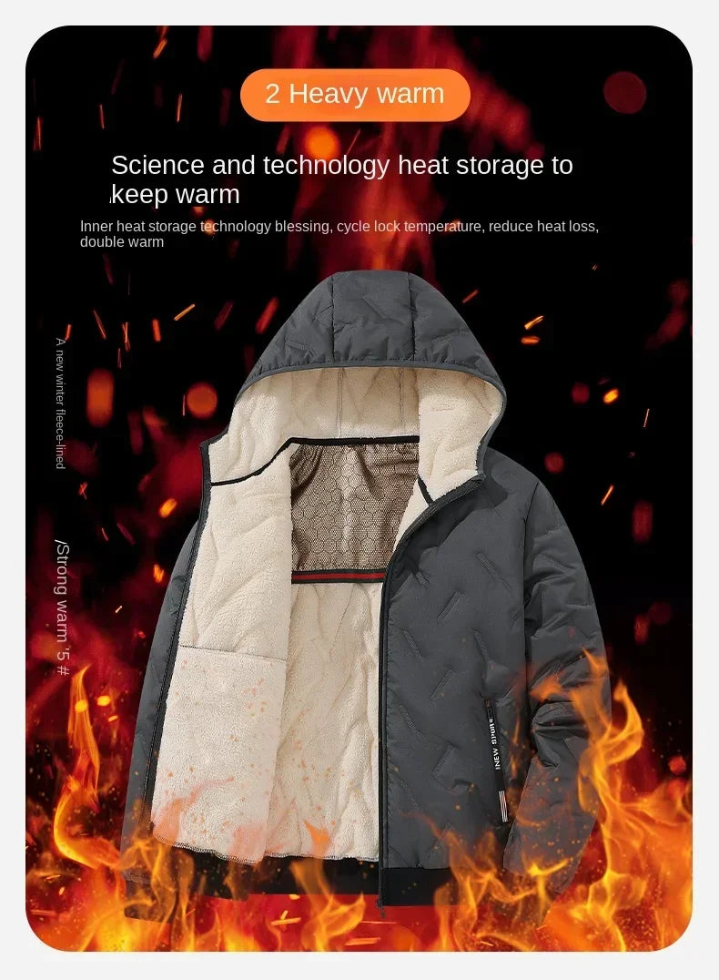 2024 new men's imitation wool cotton jacket thick and warm plus size loose and casual versatile solid color simple hooded top