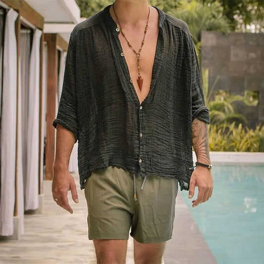 Cotton Linen Shirt Men's Vintage Stand Collar Buttoned Tops Beach Loose Shirts For Men Loose Solid Half Sleeve Casual Clothes