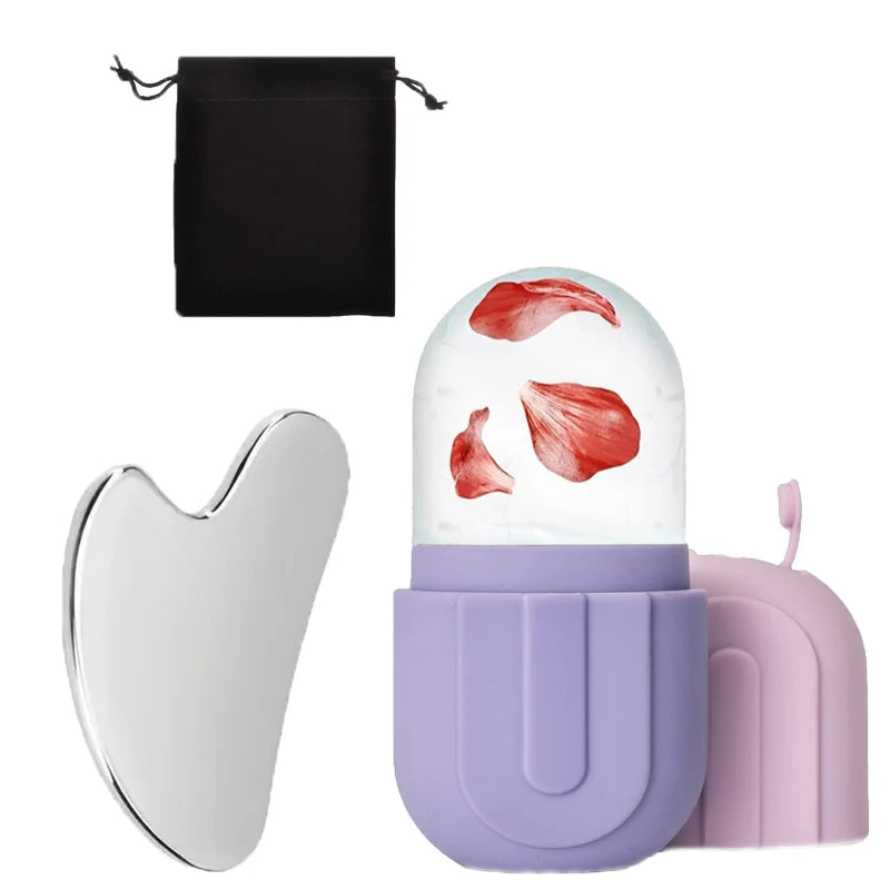 Ice Face Roller & Stainless Steel Gua Sha Tool Set, Facial Massager Ice Roller Skin Care Tool Beauty Set Lifting Contouring Tool