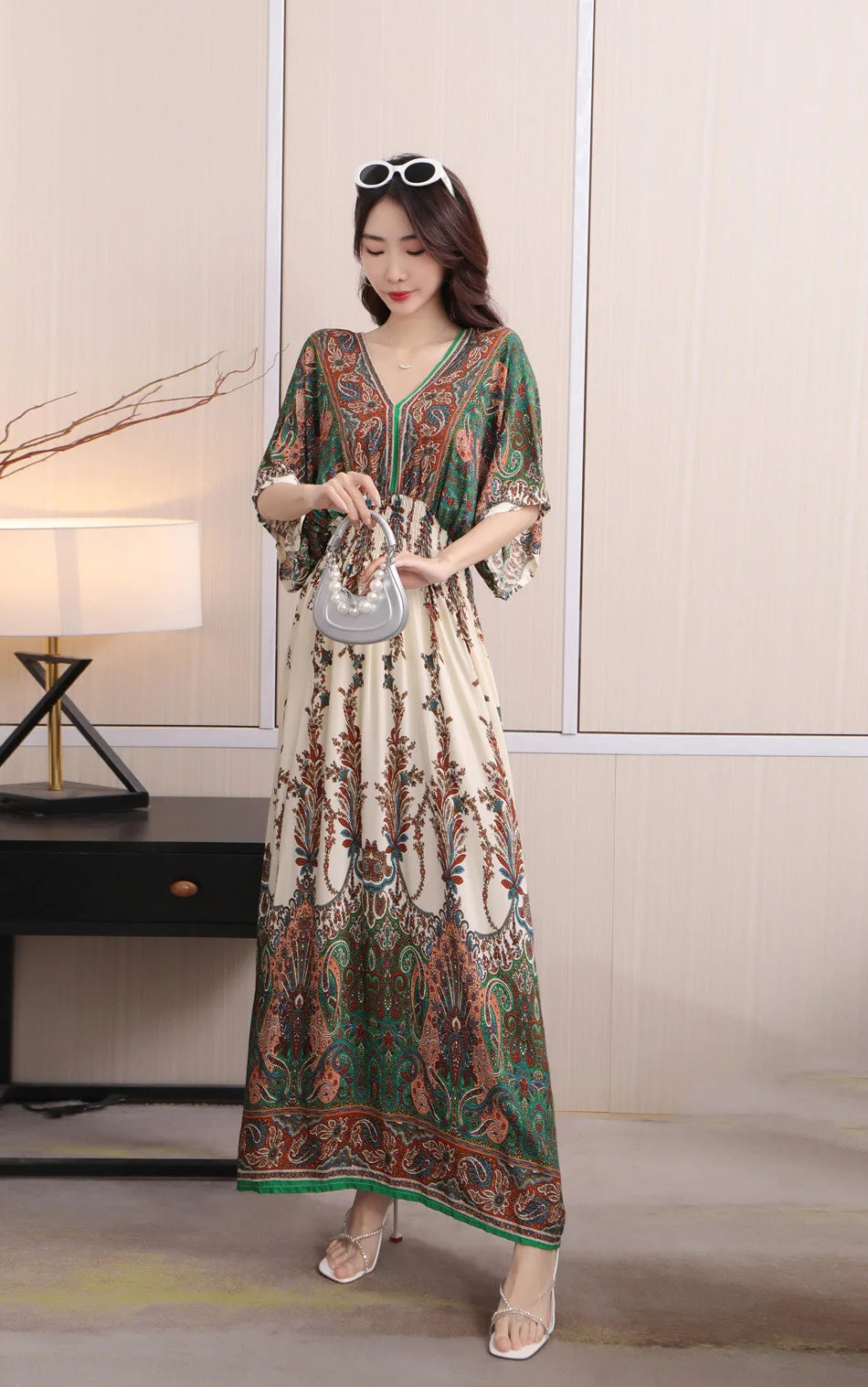 V-neck Large Skirt Hem Casual Sweet Holiday Long Dress Bat Sleeves Elastic Waist Bohemian Print Floral Elegant Dresse For Women