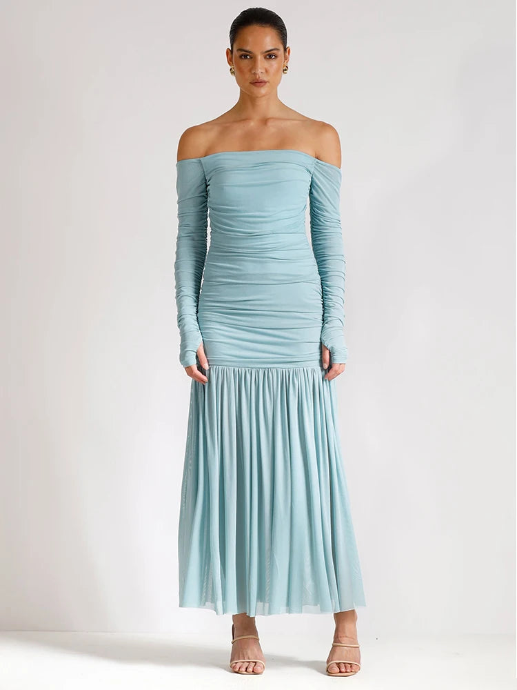 Mozision Off-shoulder Strapless Sexy Maxi Dress Women Summer New Patchwork Backless Long Sleeve Pleated Long Dress Elegant