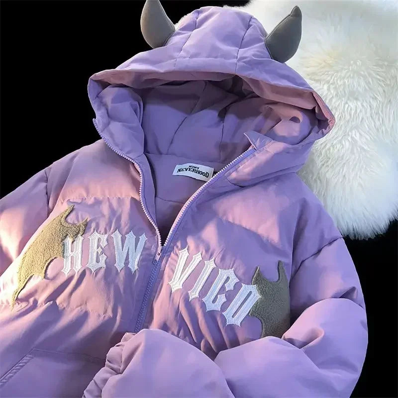 Winter New Cotton Jacket Devil Wing Embroidery Bread Jackets Men's Women's Vintage Harajuku Casual Loose Hooded Cotton-padded