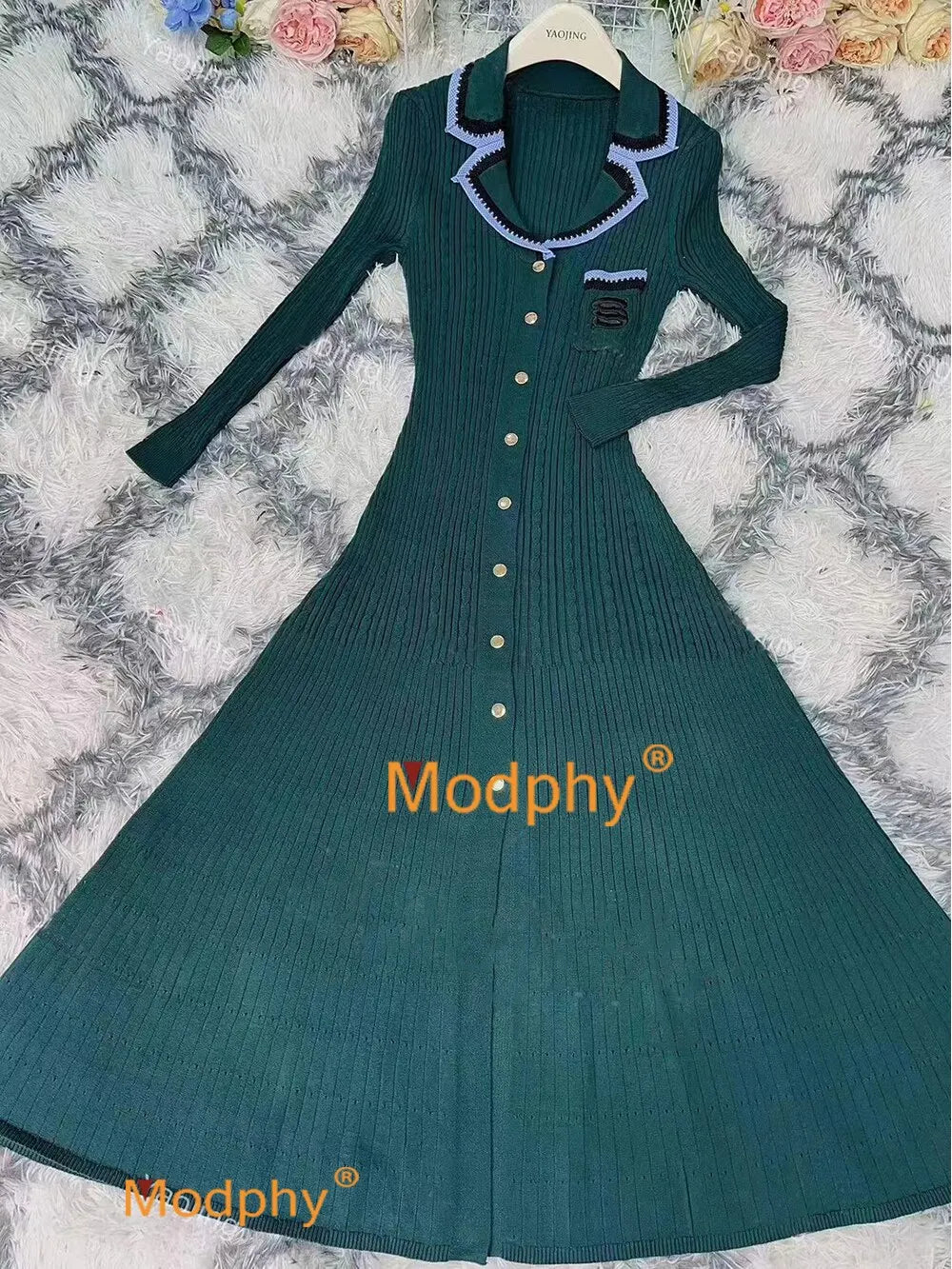 Modphy 2025 Elegant Slim Knitted Long Dress Women's Letter Single Breasted Long Sleeved Designer Vintage Dresses Autumn