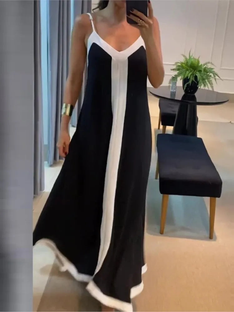 Women Casual V Neck Long Dress Summer Chic Stitching Color Loose Hem Dresses Elegant 2024 Backless Sleeveless Sling Maxi Dresses