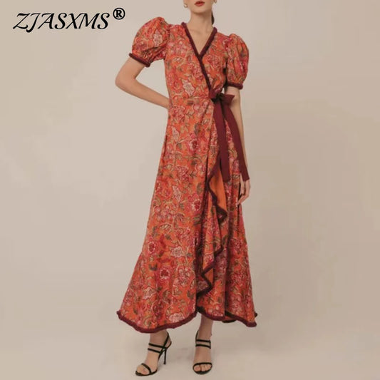 Ethnic Retro Floral Print Lace-up Long Dress Woman New Spring V-neck Puff Sleeve Party Dress Summer Ruffle A-Line Hem Boho Dress