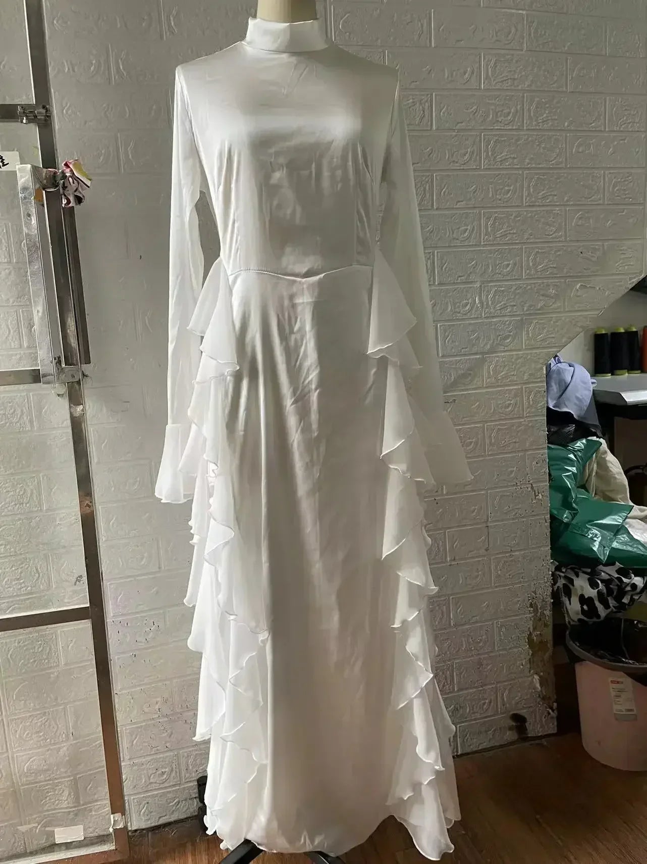 Women High Collar Flare Sleeve Ruffles Long Dress Sexy White Long Sleeves Lace-up Slim Dresses Elegant Evening Party Runway Club