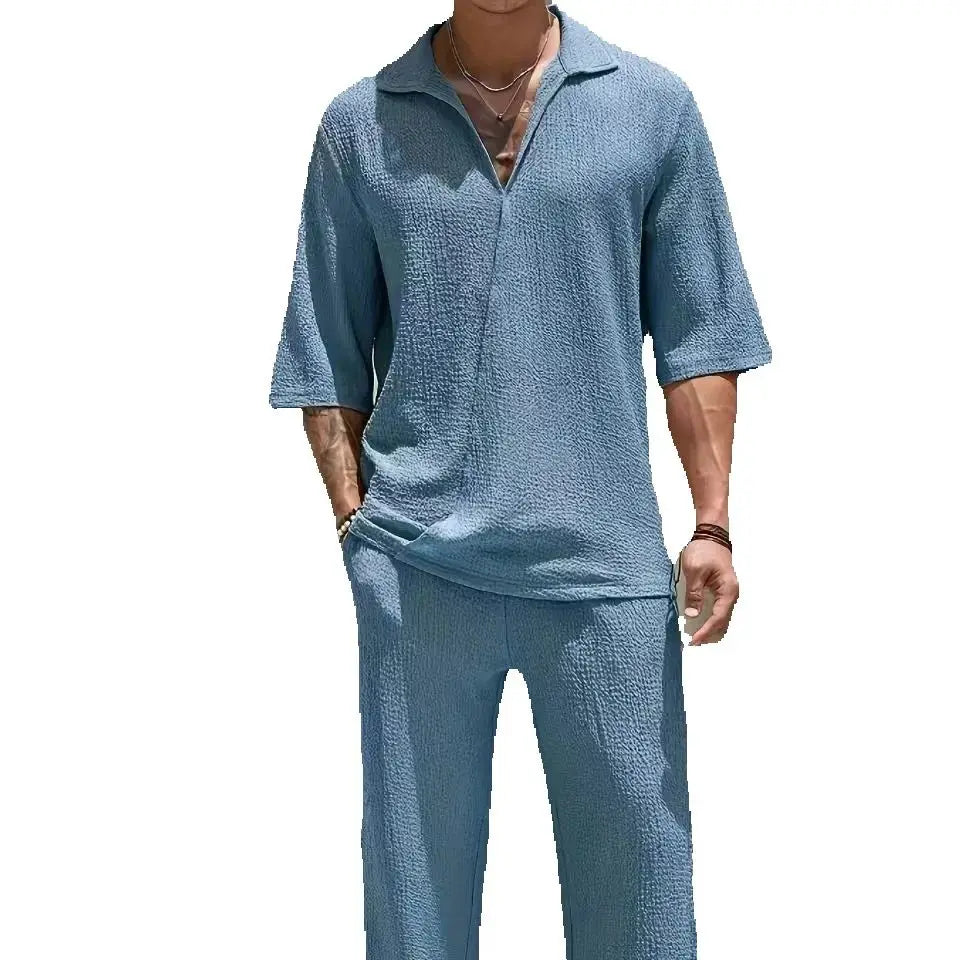 2025 Europe and the United States men's new spring half-sleeve shirt pants solid color suit V-neck design