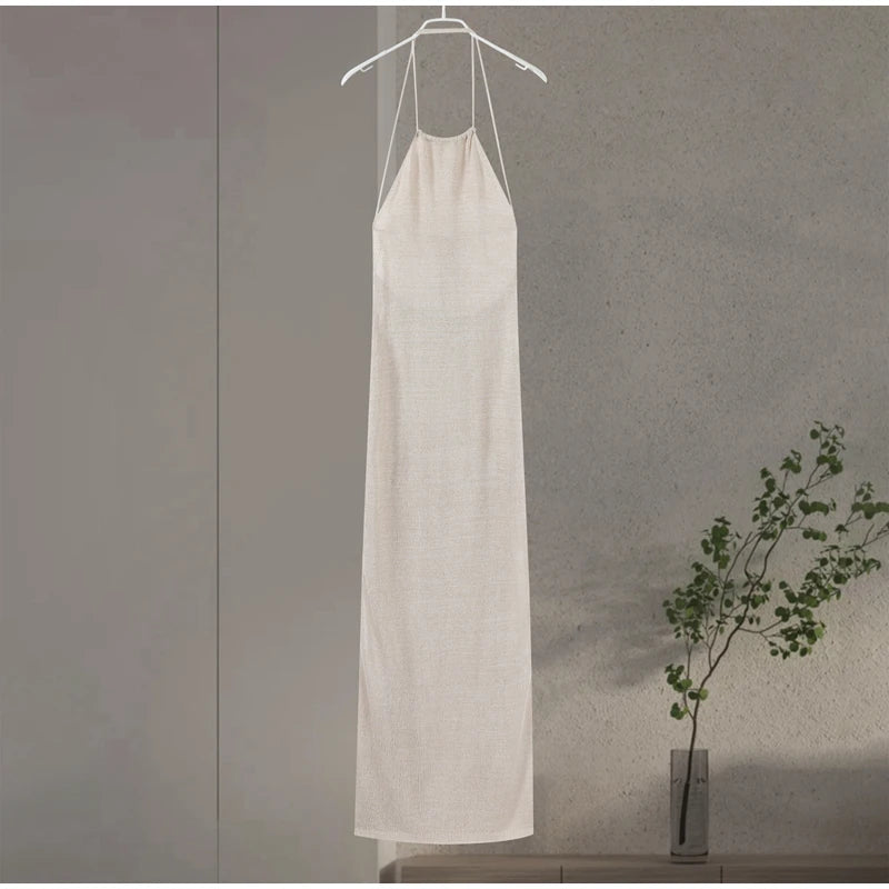 Sexy Knit Lace-up Split Long Dress Women Solid Halter Cover Up See Through Bodycon Dresses 2024 Summer Lady Chic Beach Robes