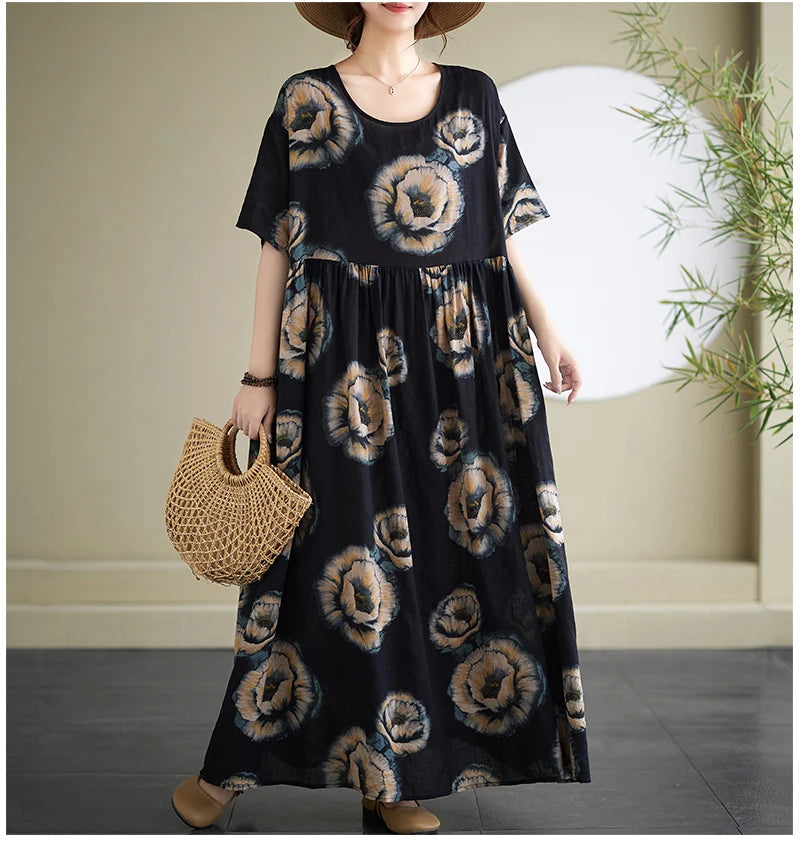 Oversized Summer Bohemian Style Long Dress Women Ruffle Pleated Fashion Flower Print Ladies Dresses Loose Casual Woman Dress