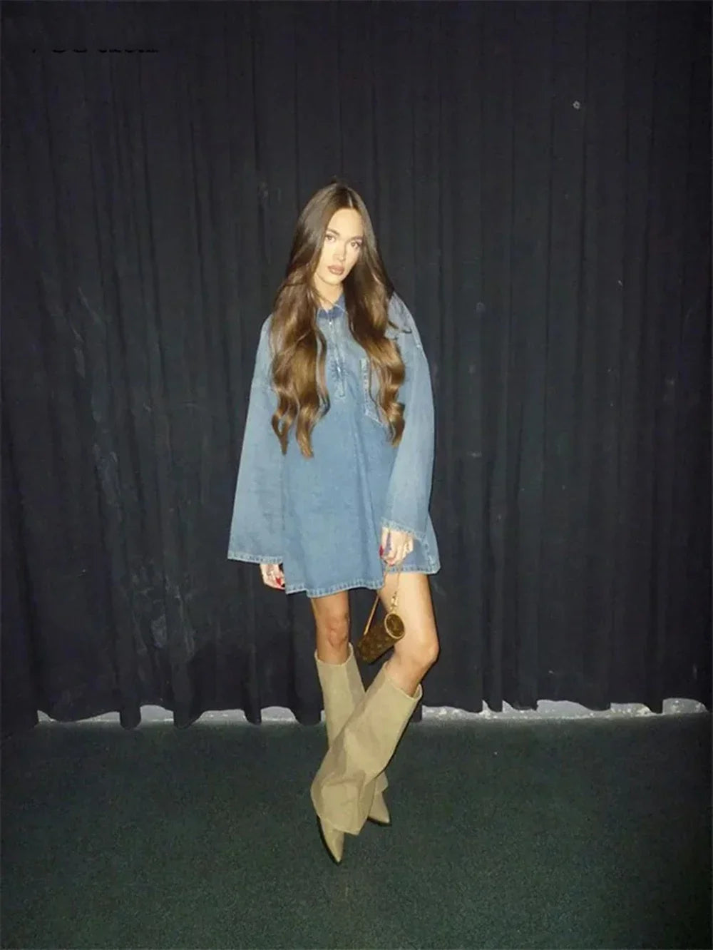 Women's Denim Dresses Lapel Zip Mini Long Sleeve Dresses Fashion Casual Loose Patch Pocket Party Commuter Denim Dresses